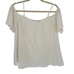 Trina Turk 100% Silk Off-Shoulder Blouse L Cream Flutter Sleeve Coastal Luxe